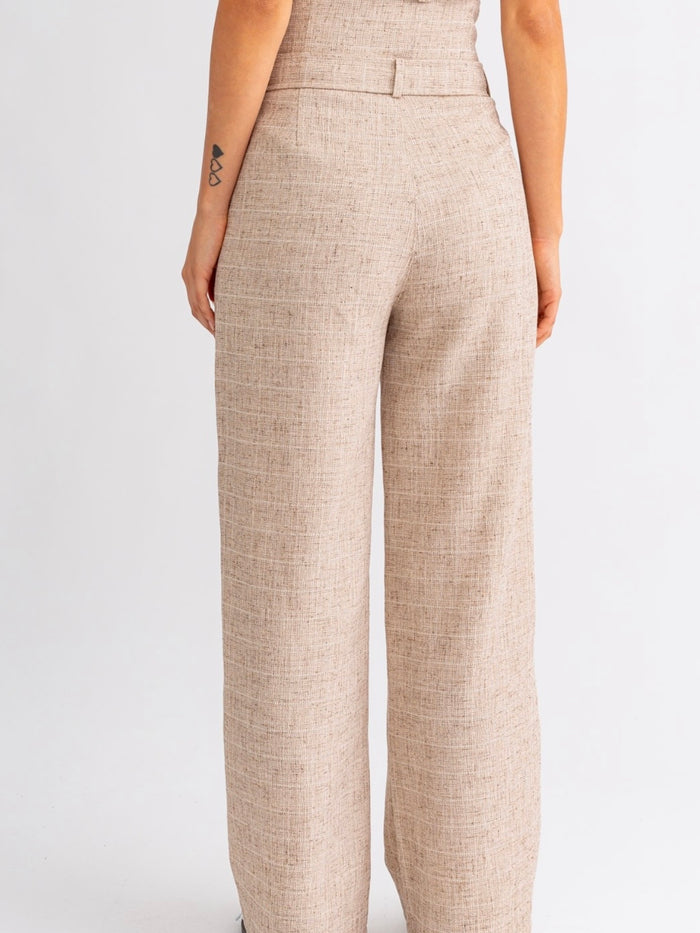 Taupe Textured Belted High Waist Pant