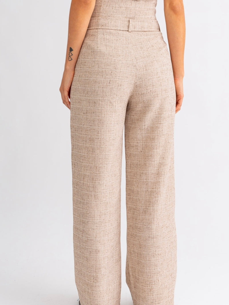 Taupe Textured Belted High Waist Pant
