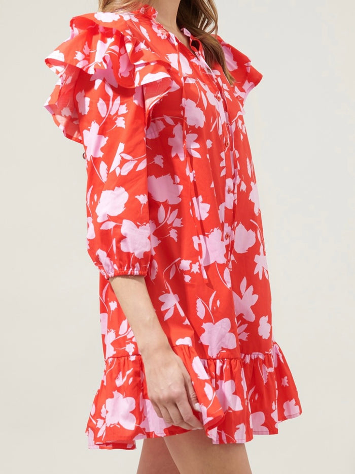 Red Pink Floral Drop Waist Dress