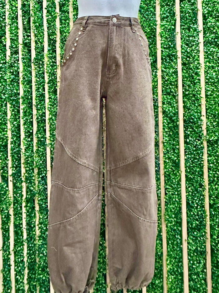 Brown Studded Drawstring Hem Jogger
