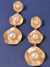 Triple Pearl Hammered Disc Long Earrings