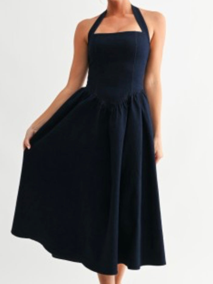 Beautiful Dark Denim Halter Midi Dress