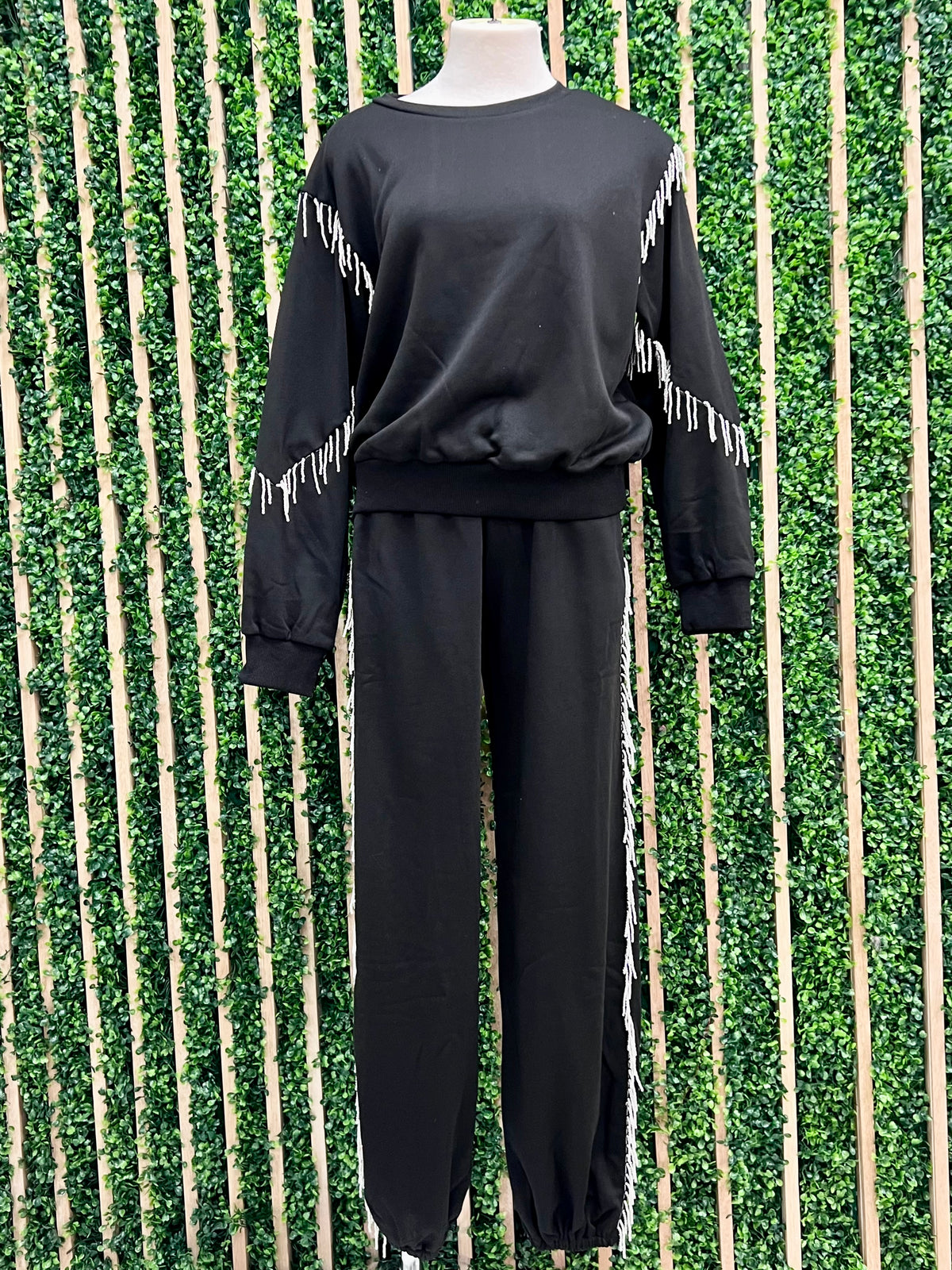 Exquisite Black Tassel Trim Jogger Set