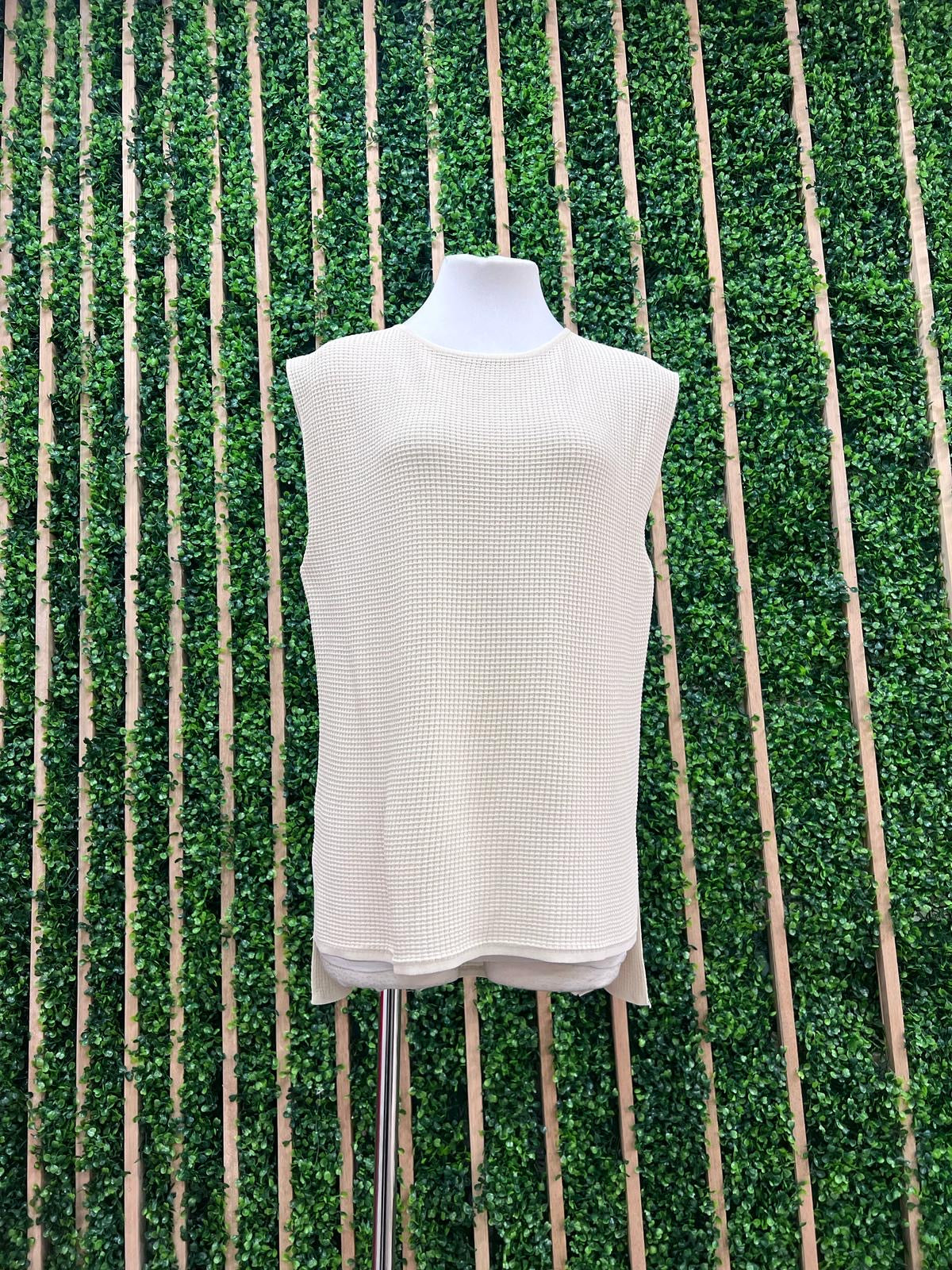 Neutral Round Neck Sleeveless Waffle Knit Top