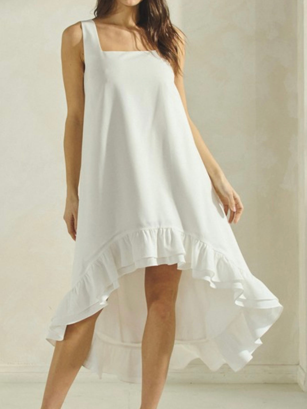 Ruffled Hi Low Square Neck Midi Dress