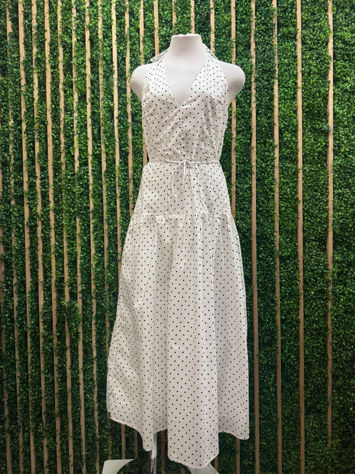 White Black Polka Dot Halter Maxi Dress