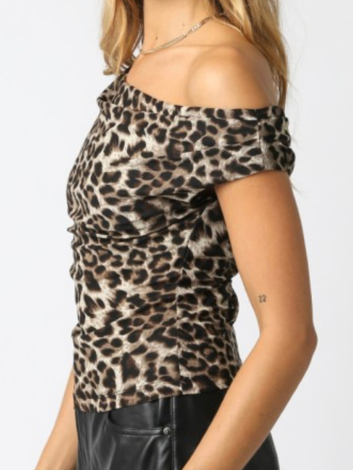 Brown Grey Off Shoulder Mesh Top