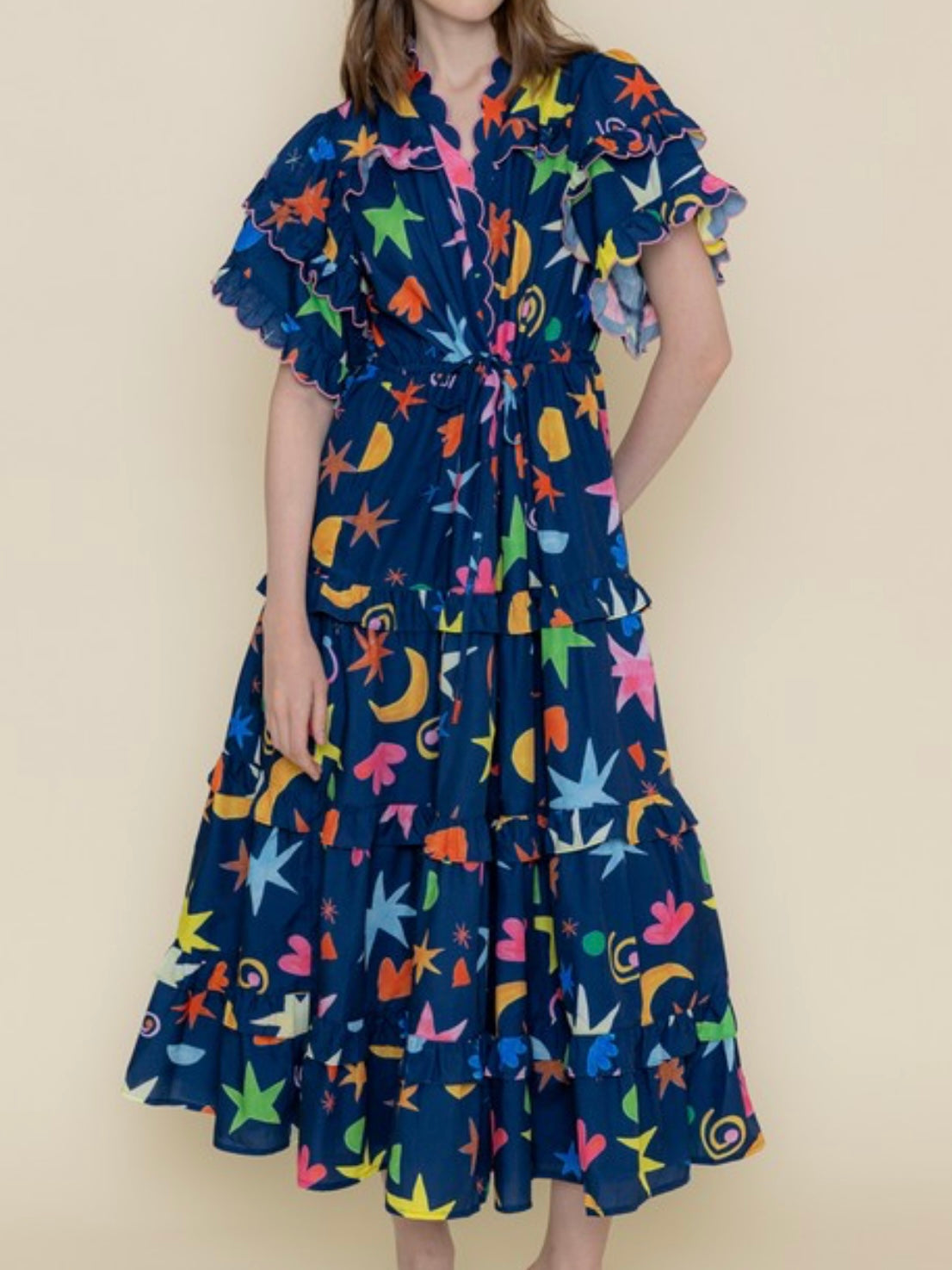 Fun Print Ruffle Sleeve Midi Dress