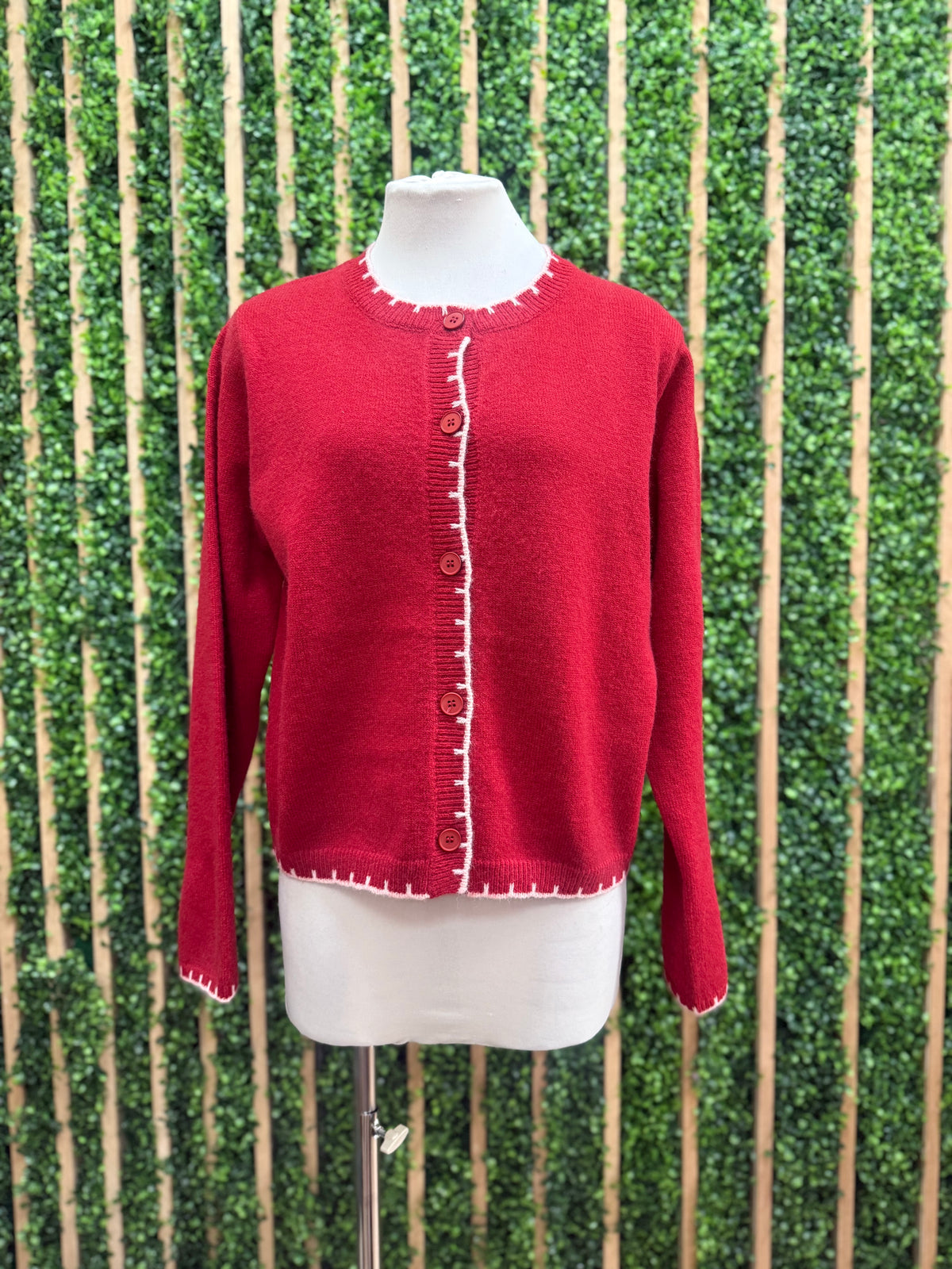 Red Knit Cardigan Sweater with Contrast Stitching