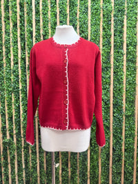 Red Knit Cardigan Sweater with Contrast Stitching