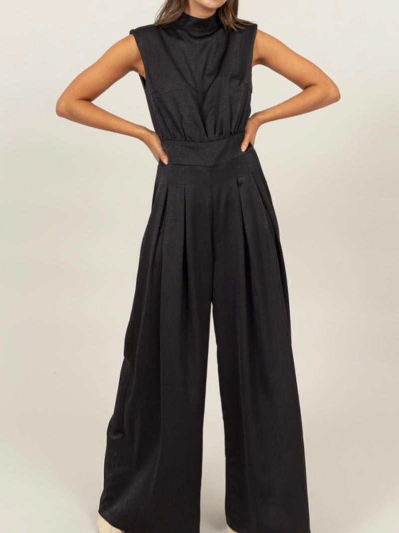 High Neck Sleeveless Wide Leg Satin Jumpsuit