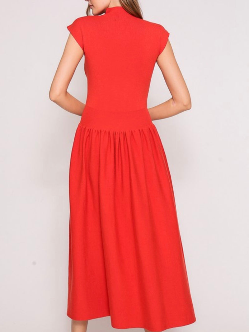 Red High Neck Knitted A Line Midi Dress