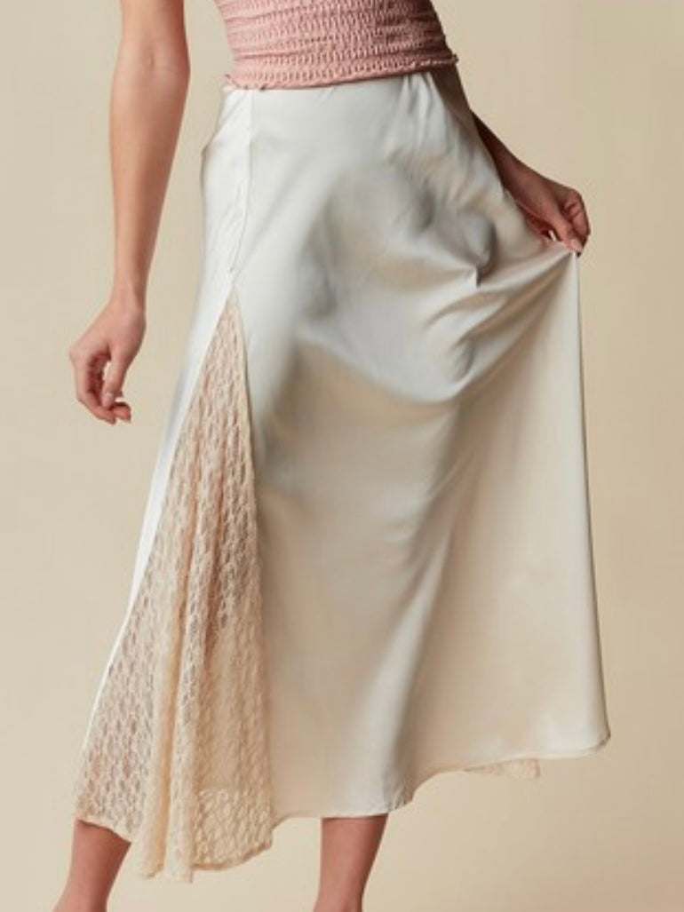 Ivory Lace Panel Satin Maxi Skirt