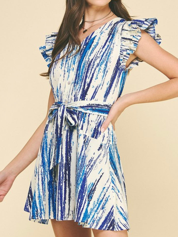 Blue Print Angel Sleeve SHort Dress