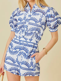 Blue White Embroidered Romper