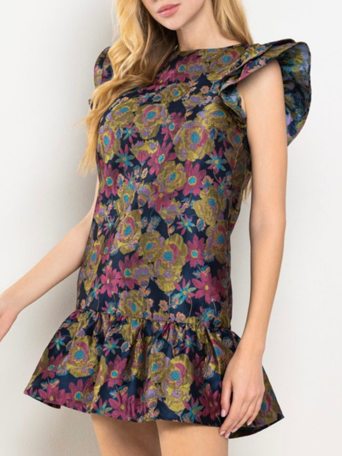 Jacquard Navy Floral Dropwaist Short Dress