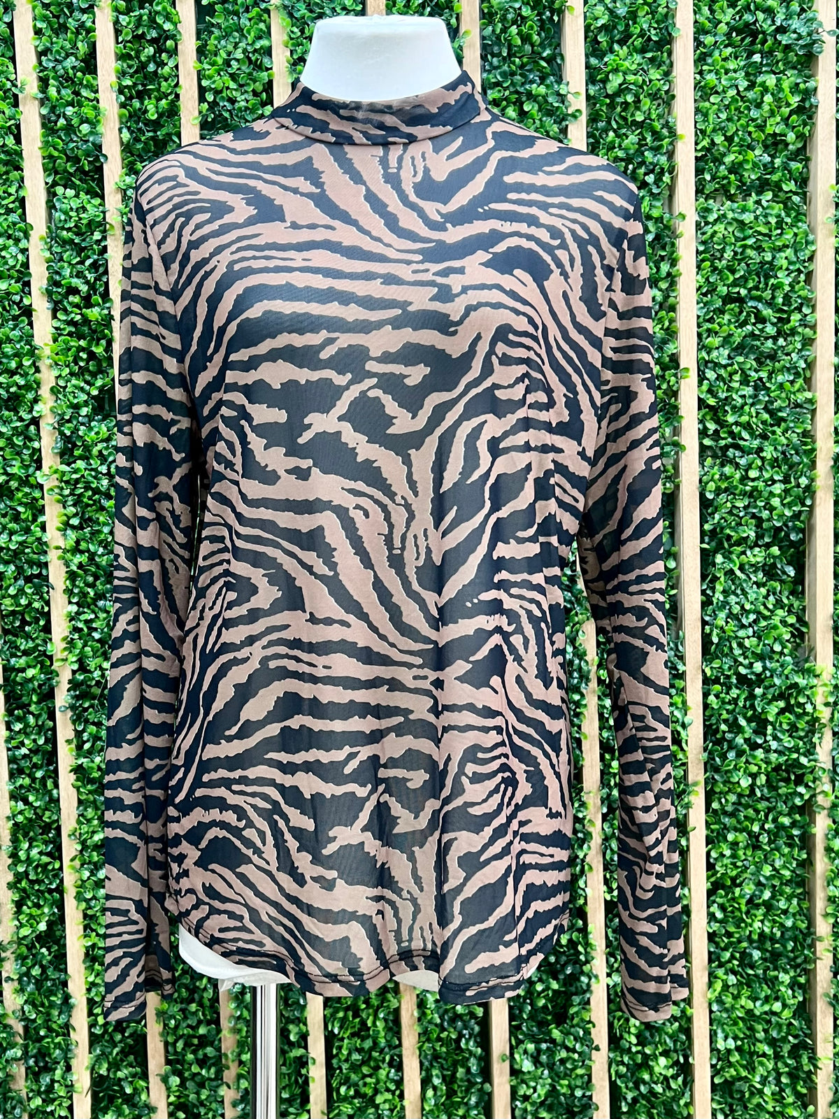 Brown Zebra Mesh Long Sleeve Top