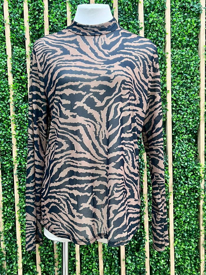 Brown Zebra Mesh Long Sleeve Top