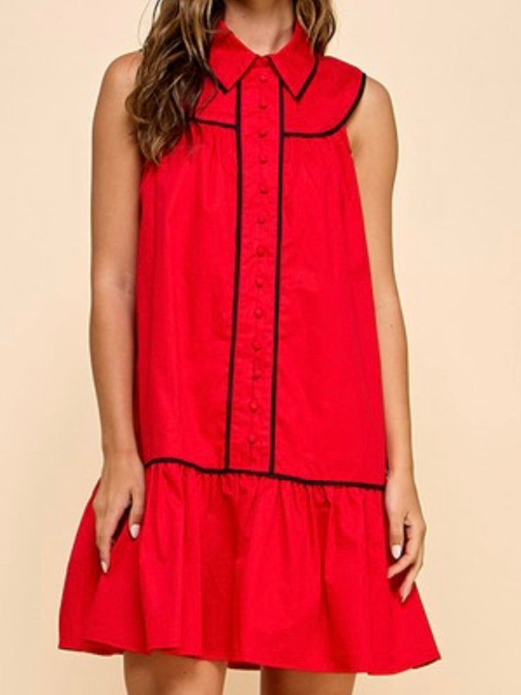 Crimson Sleeveless Collared Trimmed Drop Waist Short Dress