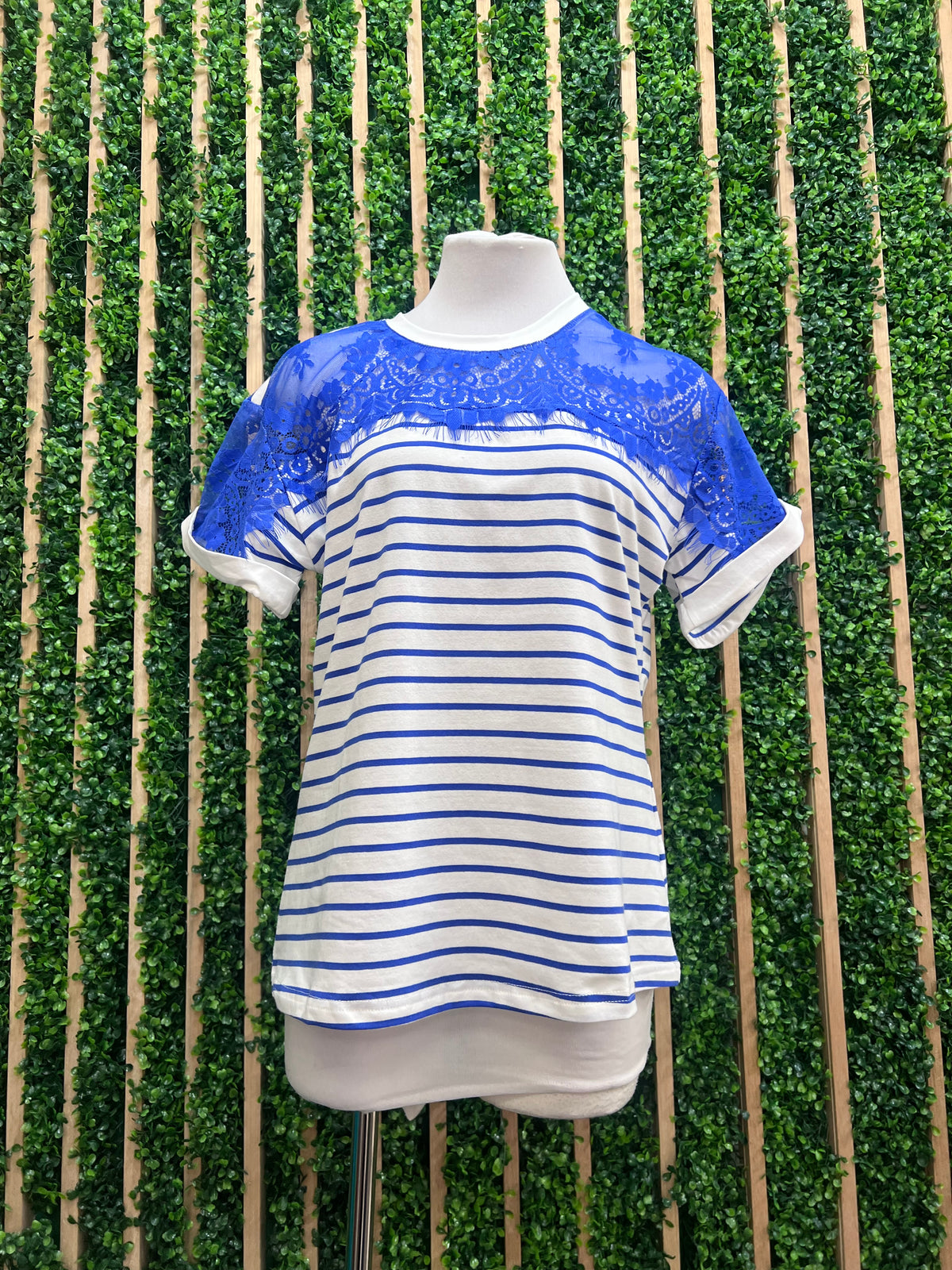 Blue Stripe Lace Detail T-Shirt