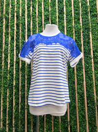 Blue Stripe Lace Detail T-Shirt