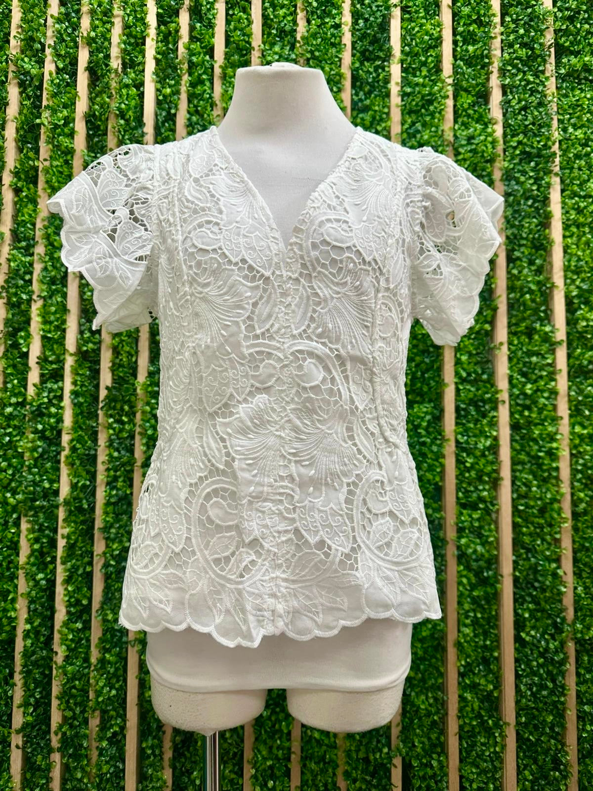 Delicate White Lace Flutter Sleeve Blouse