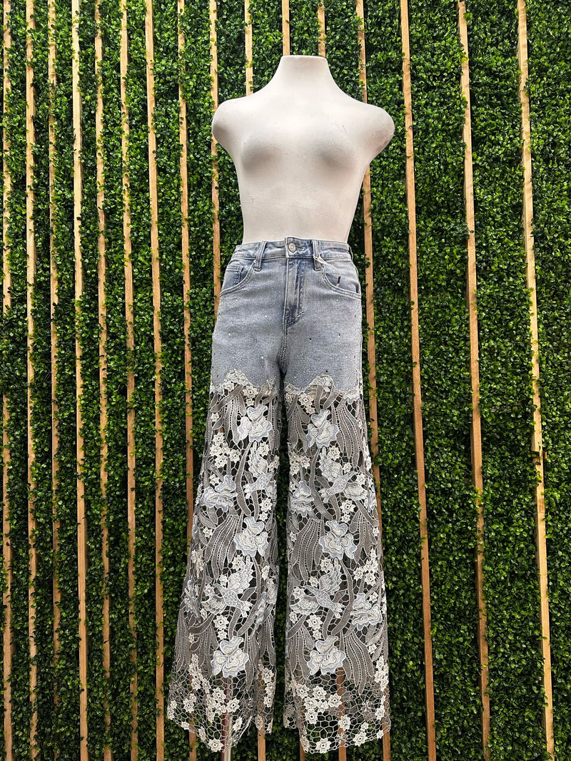 Blue Lace Legs Wide Leg Denim Pant