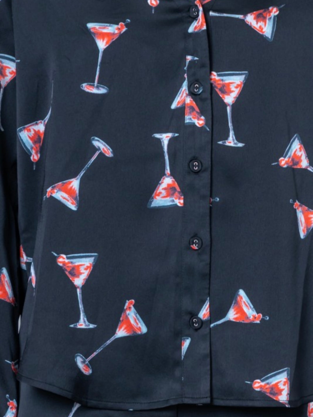 Black Satin Martini Print Button-Up Shirt