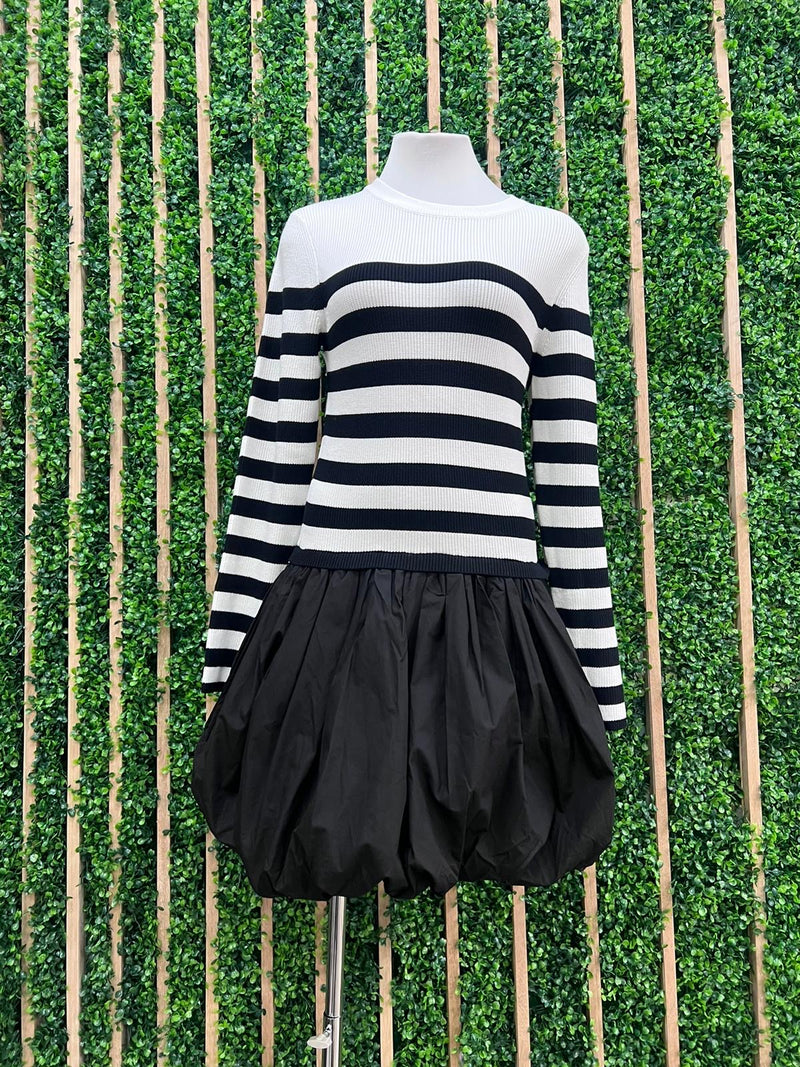 Black White Striped Bubble Sweater Short Dress