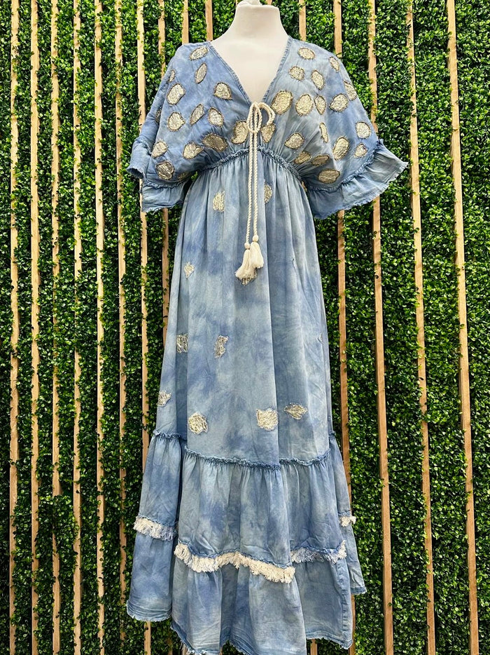 Beautiful Boho Denim Embroidered Kimono Maxi