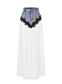 Midnight Romance Contrast Lace Denim Maxi Skirt