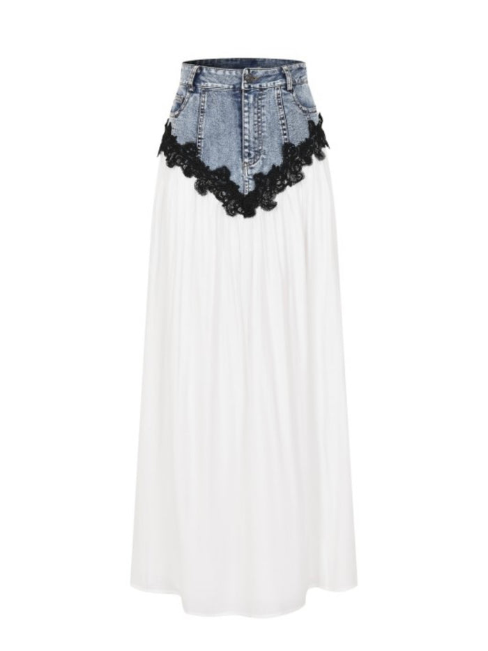 Midnight Romance Contrast Lace Denim Maxi Skirt
