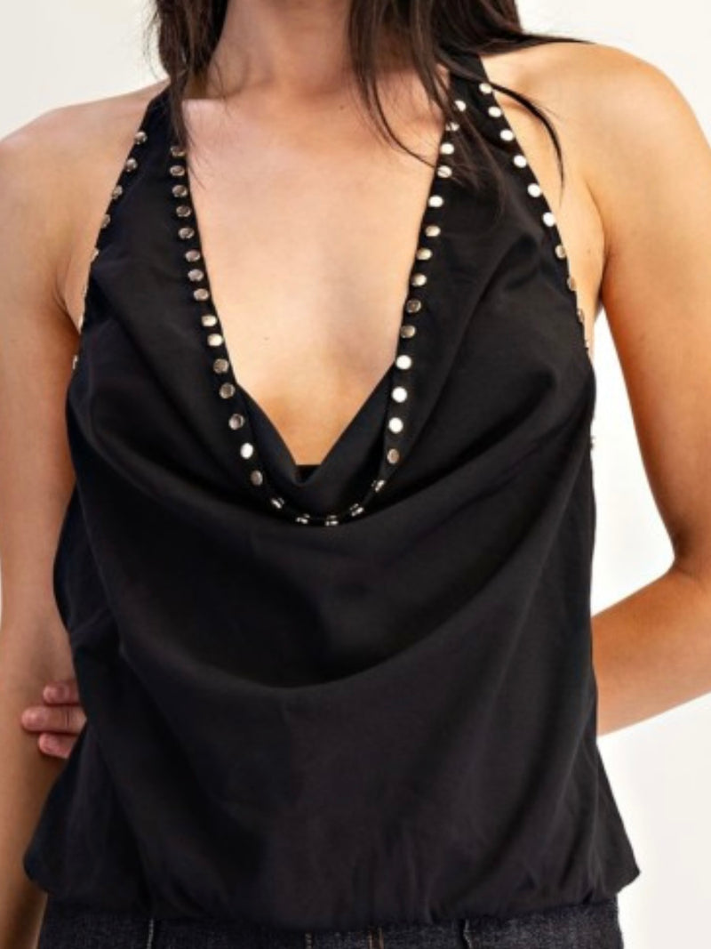 Black Studded Cowl Neck Halter Top