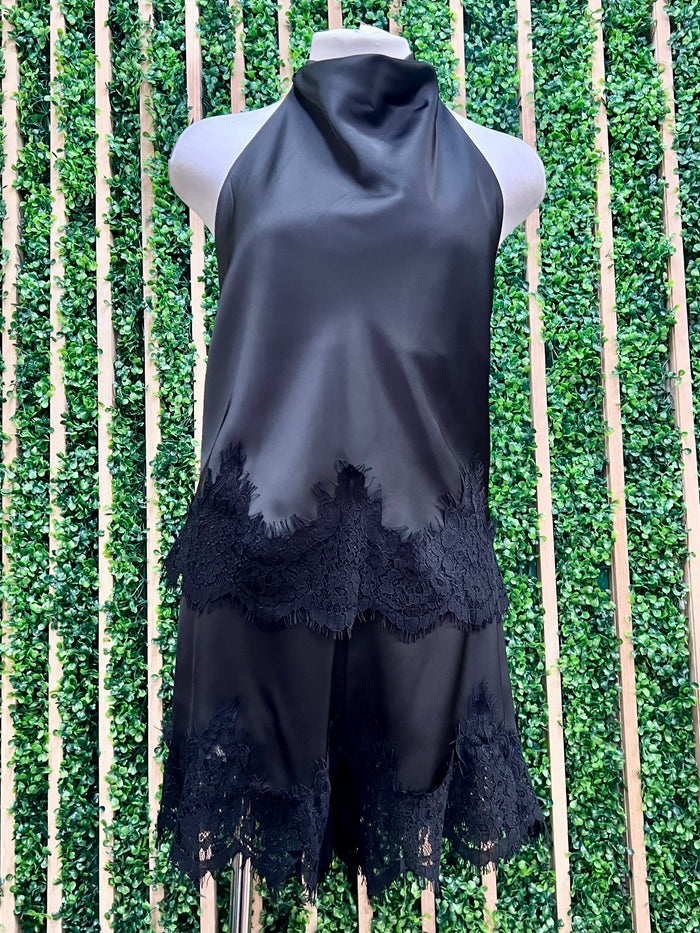 Black Satin Halter Top with Lace Trim