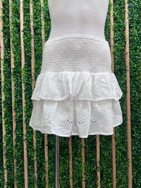 White Eyelet Smocked Ruffle Mini Skirt
