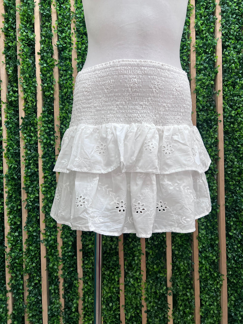 White Eyelet Smocked Ruffle Mini Skirt