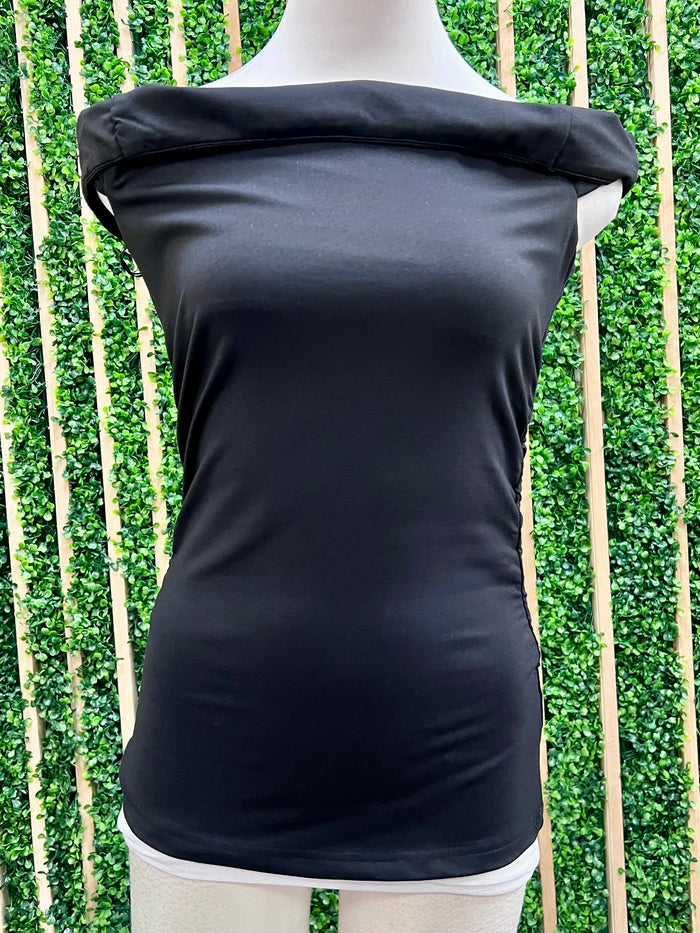 Black Ruched Off Shoulder Top