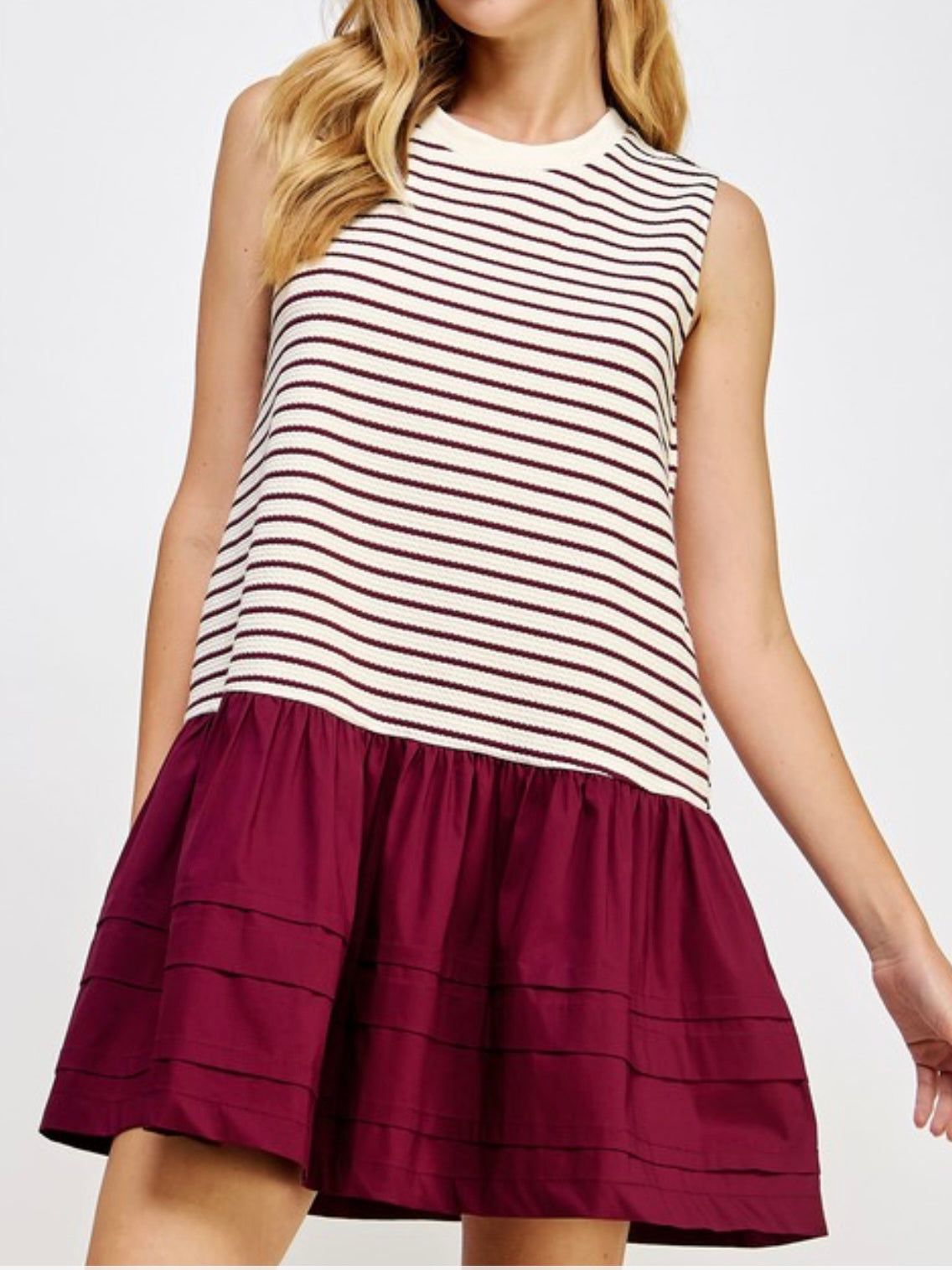 Burgundy Stripe Drop Waist Short Dress