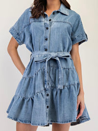 Collared Denim Tiered Short Dress