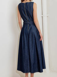 Dark Denim Square Neck Fitted Midi Dress