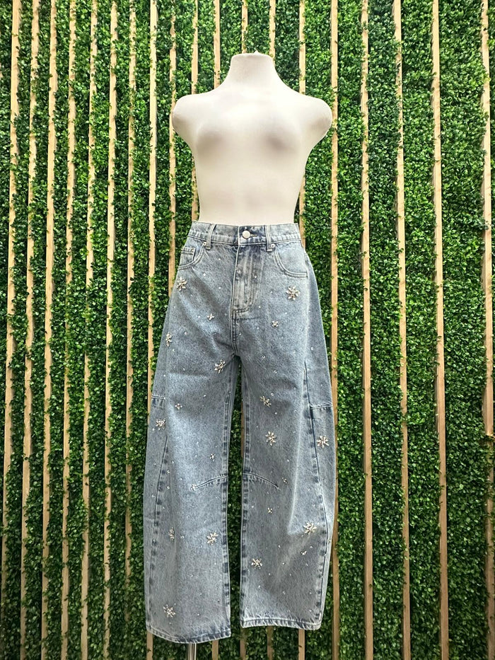 Rhinestone Detail Barrel Light Denim