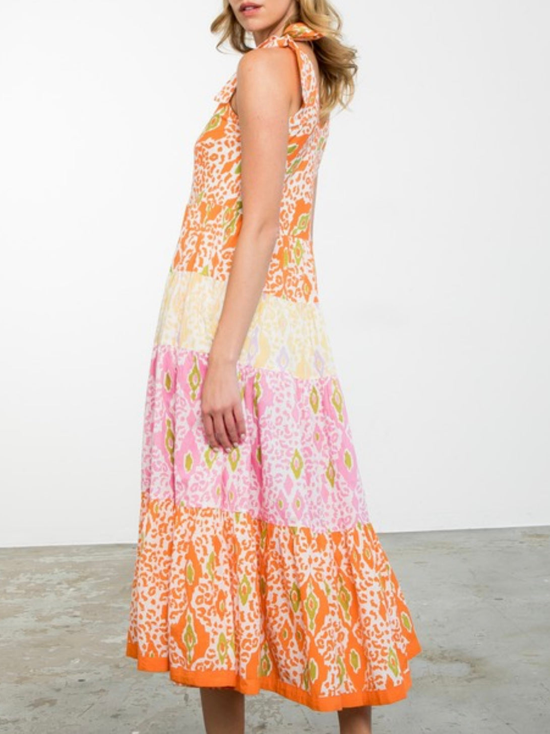 Green Orange Shoulder Tie Tiered Mxi Dress