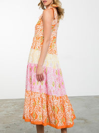 Green Orange Shoulder Tie Tiered Mxi Dress