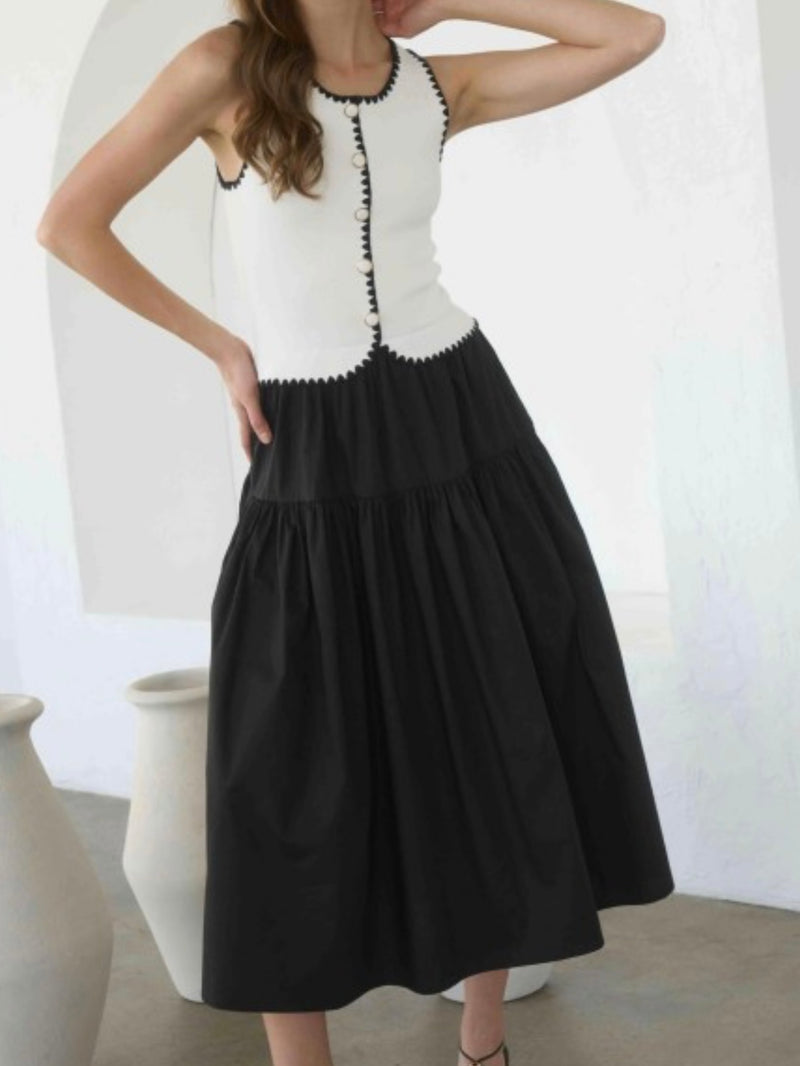 Black & White Contrast Knit Midi Dress
