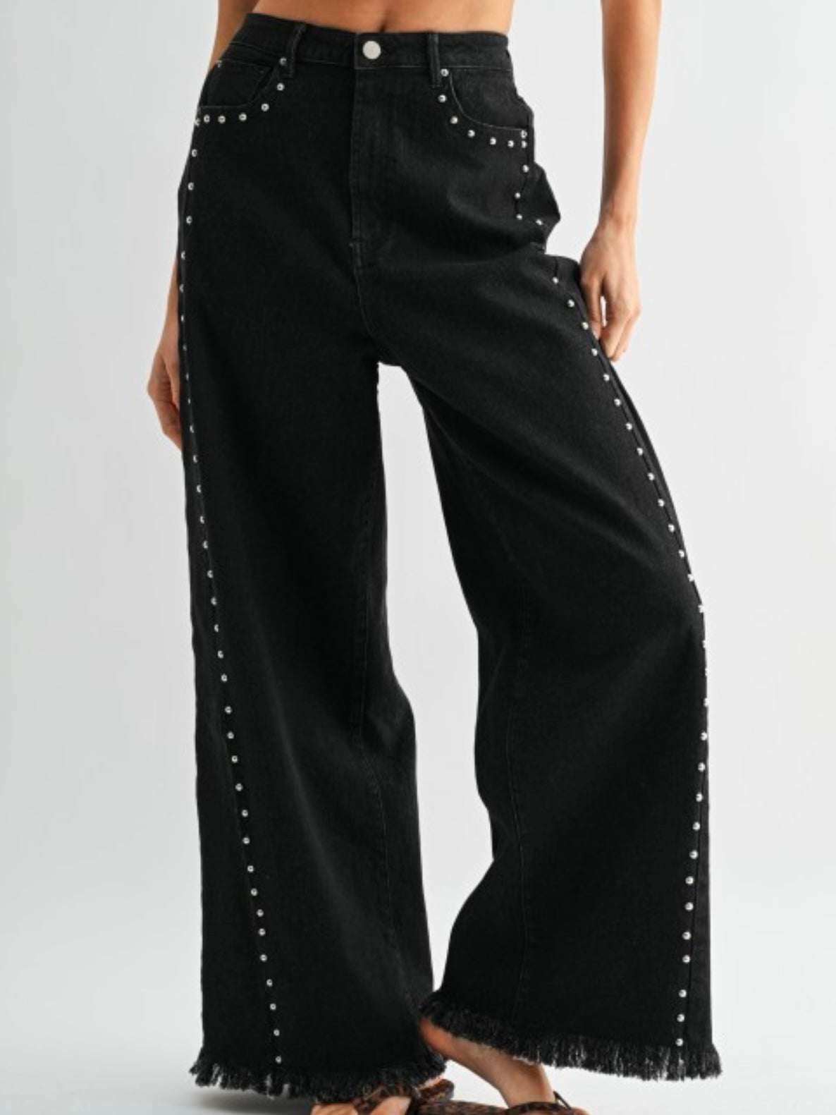 Black High Waist Studded Wide Leg Denim