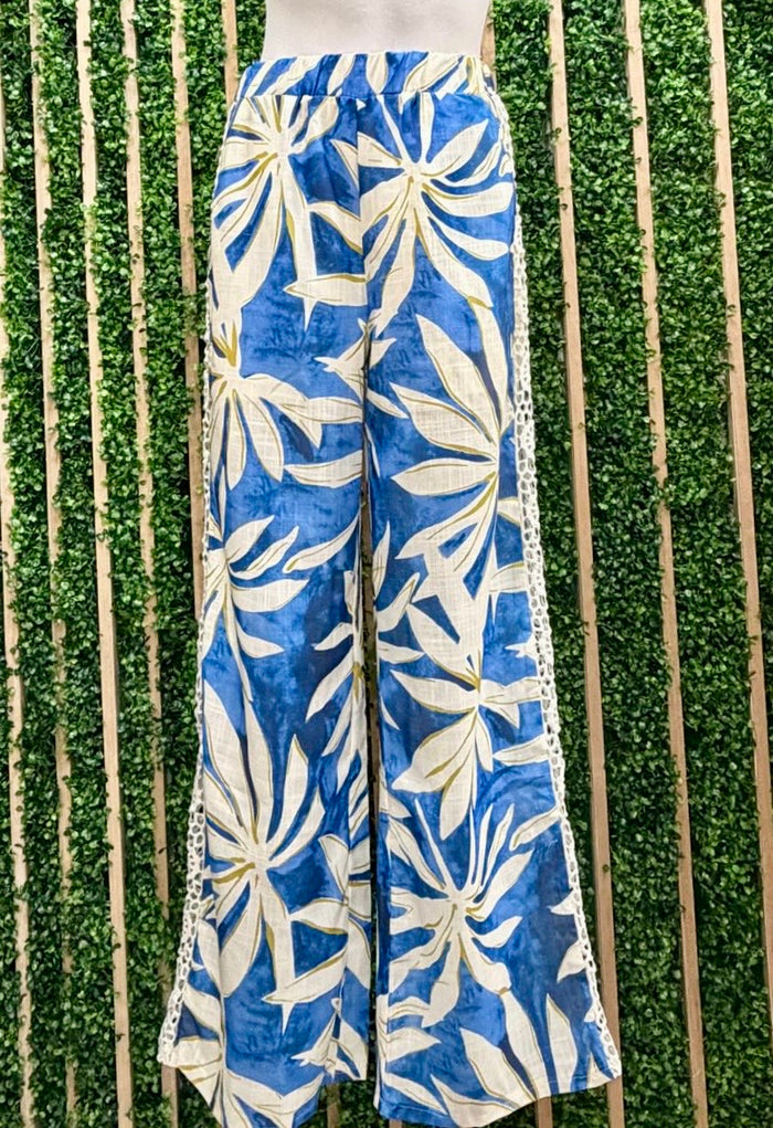Blue Tropical Print Wide Leg Pant