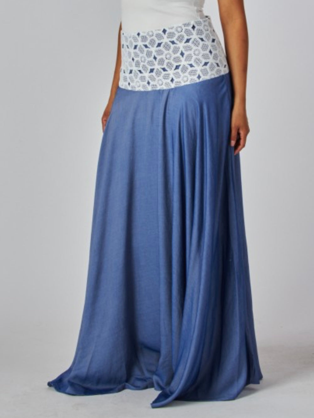 Lace Waist Denim Maxi Skirt