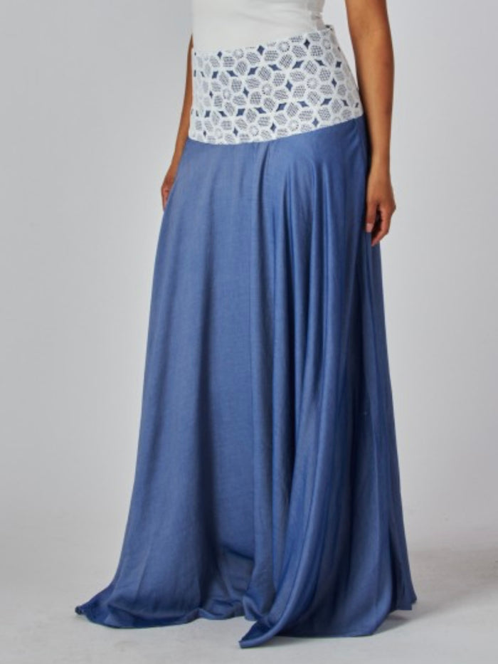 Lace Waist Denim Maxi Skirt
