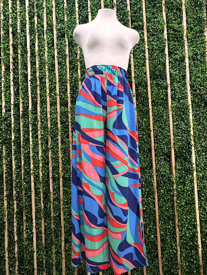 Blue Multi Print Wide Leg Pant