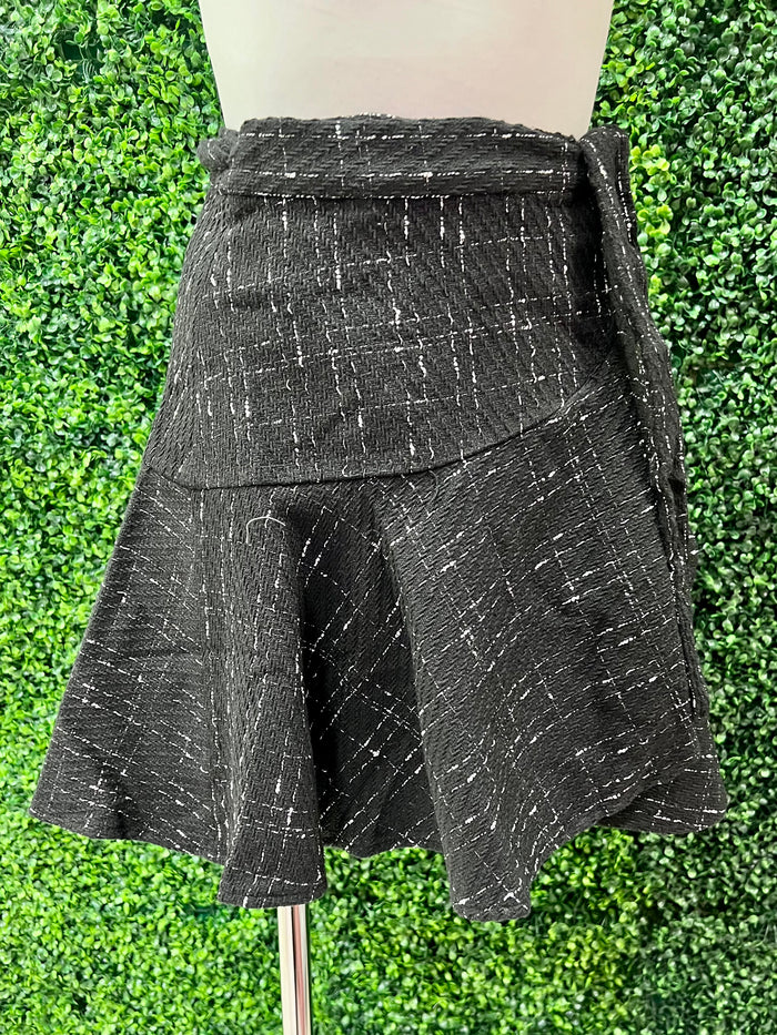 Black Textured Plaid Wrap Skirt